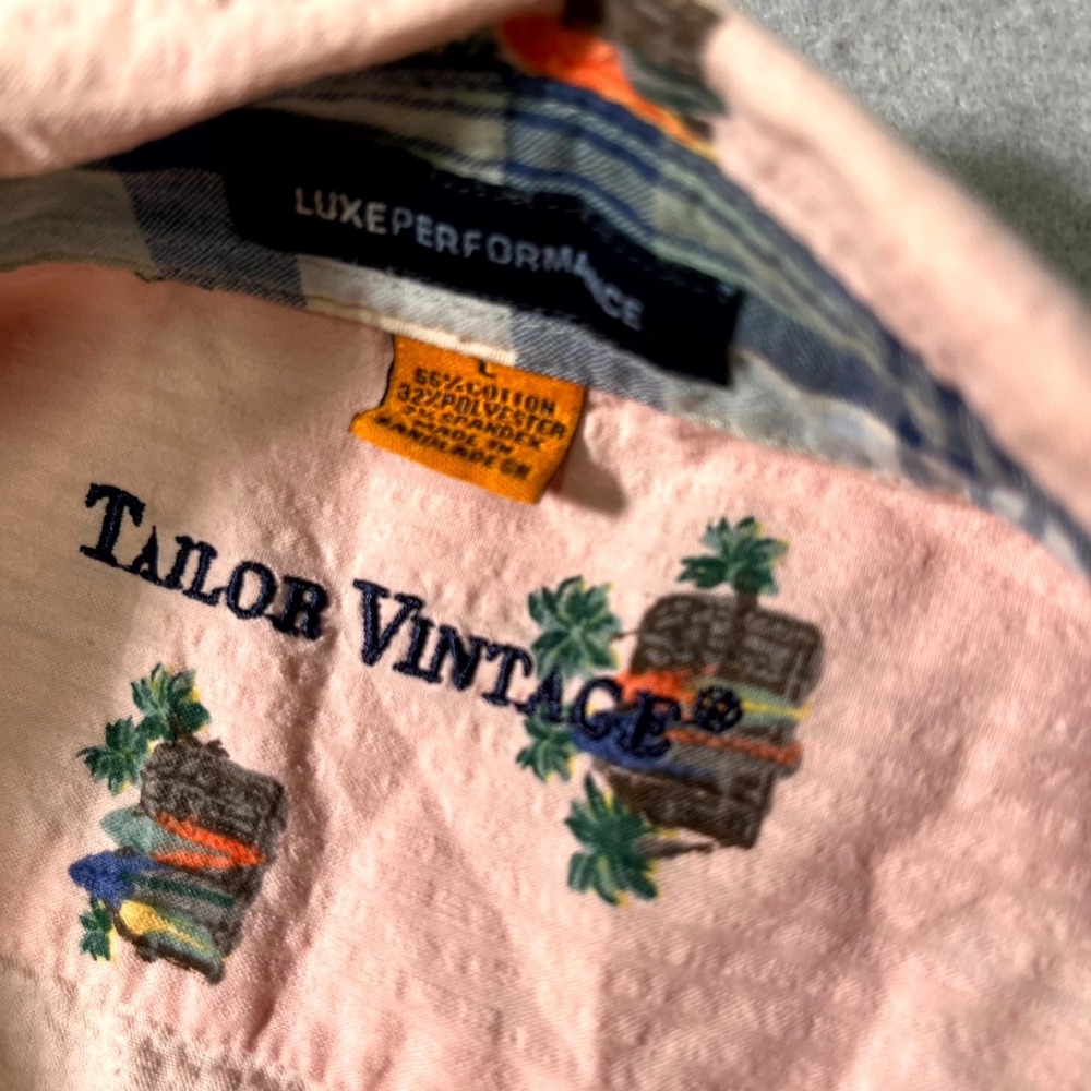 Tailor Vintage Luxe Performance Shirt Men Large Pink Seersucker Surf Hut Stretch - Picture 4 of 7